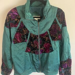 Lavon Vintage‎ Teal Windbreaker Crushed Velvet Women's Large Grandma Glam
